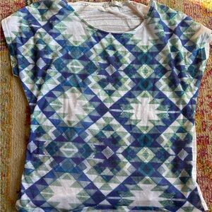 Prana Geometric Burnout Tee Women’s XS Blue Green Sheer Sublimated Print